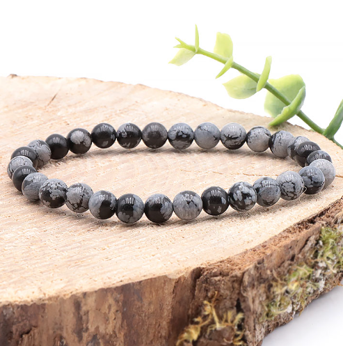 BRACELET BOULE 06MM OBSIDIENNE FLOCON DE NEIGE