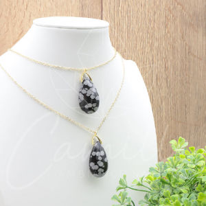 PENDENTIF GOUTTE SAUTOIR OBSIDIENNE FLOCON DE NEIGE